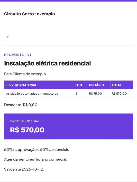 Exemplo de proposta do OrçaVolta para instalação elétrica residencial, com valores ilustrativos.