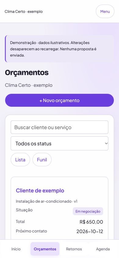 Tela real do OrçaVolta com orçamento de instalação e manutenção, em uma demonstração com dados ilustrativos.
